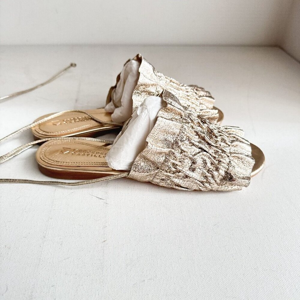 Mercedes Castillo Gold Ankle Wrap Flats 6.5 - Picture 3 of 6